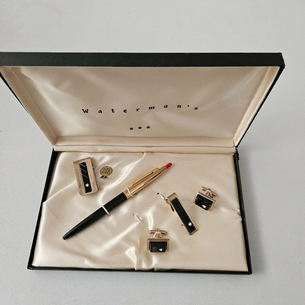 Vintage Waterman's 24KT Gold Plated Cufflinks Tie‎ Bar Pencil Money Clip Set Box